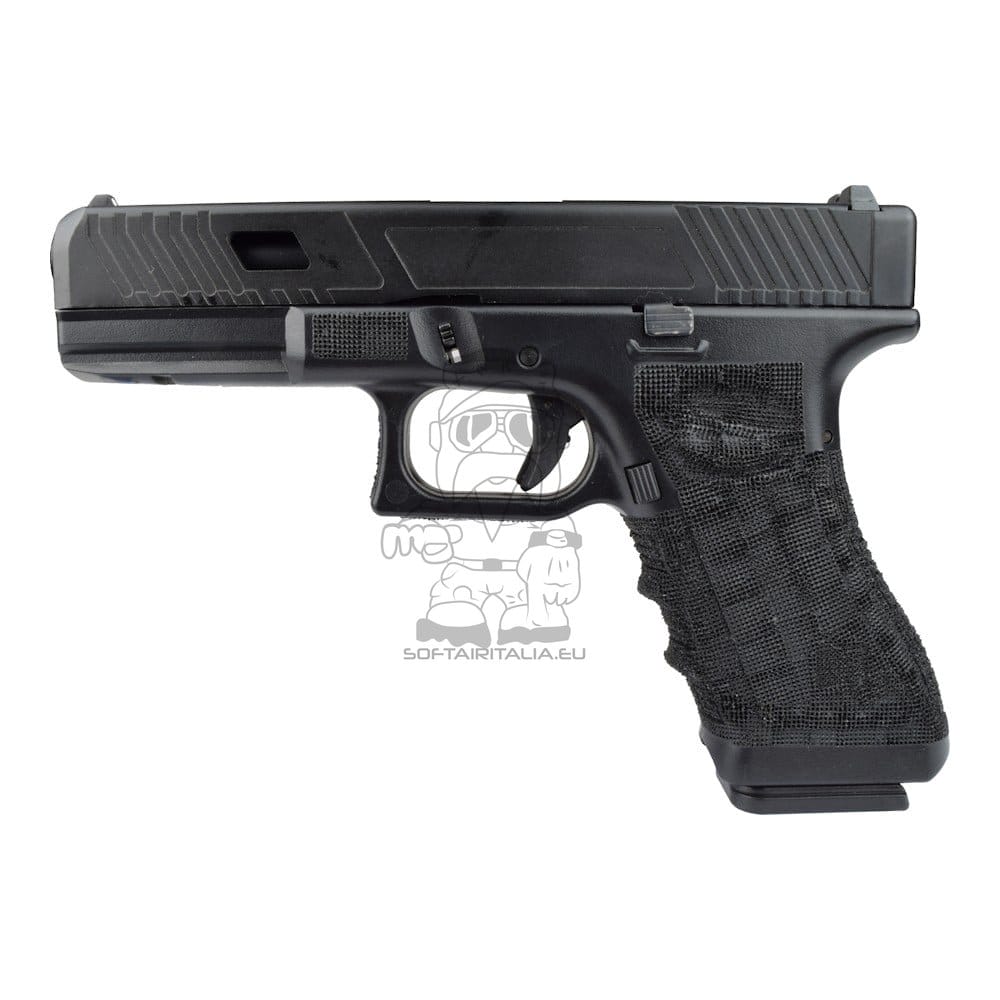 Pistola a gas scarrellante half-metal con impugnatura zigrinata nera