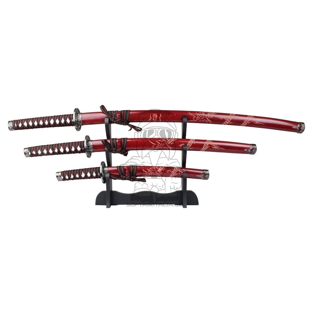 Set ornamentale Katana, Wakizashi e Tanto rosso