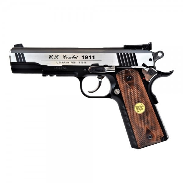 Pistola a CO2 scarrellante nera/silver con guancette effetto legno