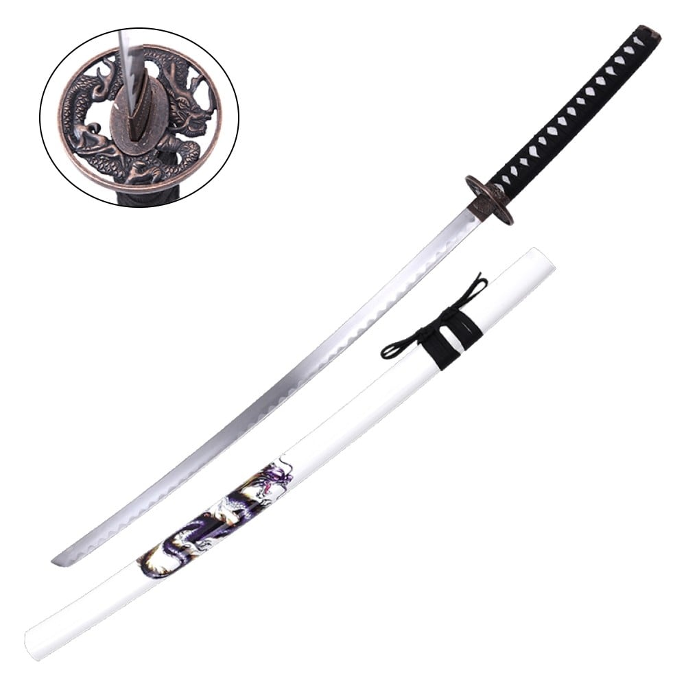 Katana ornamentale con drago blu e fodero bianco