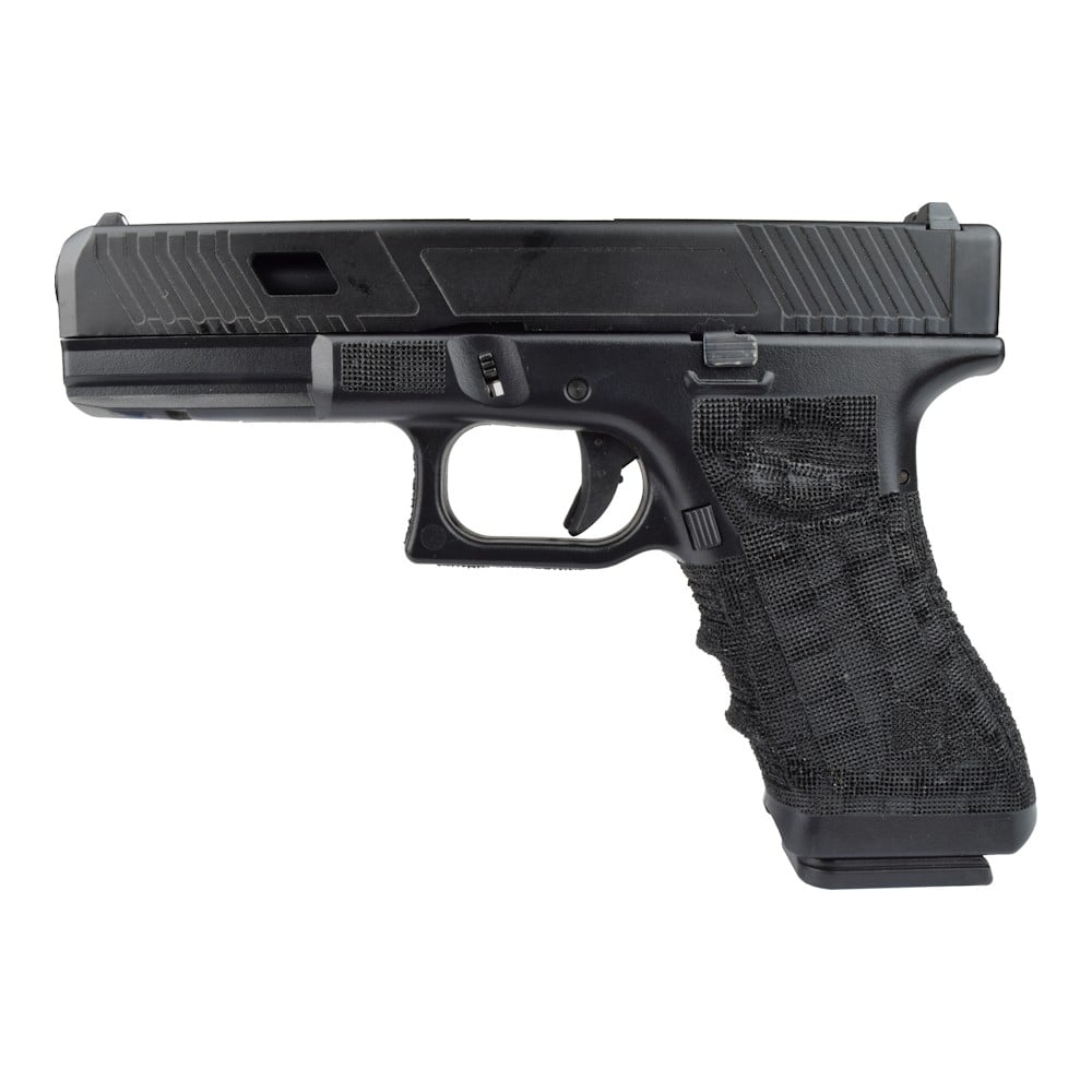 Pistola a gas scarrellante half-metal con impugnatura zigrinata nera