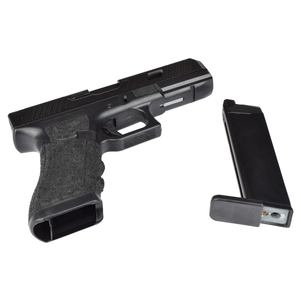Pistola a gas scarrellante half-metal con impugnatura zigrinata nera