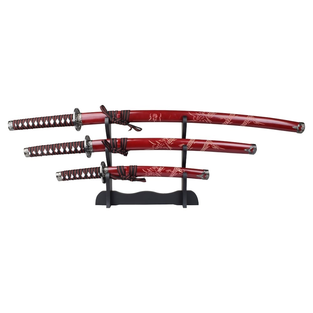 Set ornamentale Katana, Wakizashi e Tanto rosso