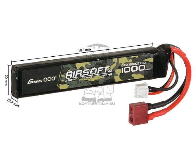 Batteria LiPo 7.4V 1000mAh 25C per Softair con T-Plug di GENS ACE